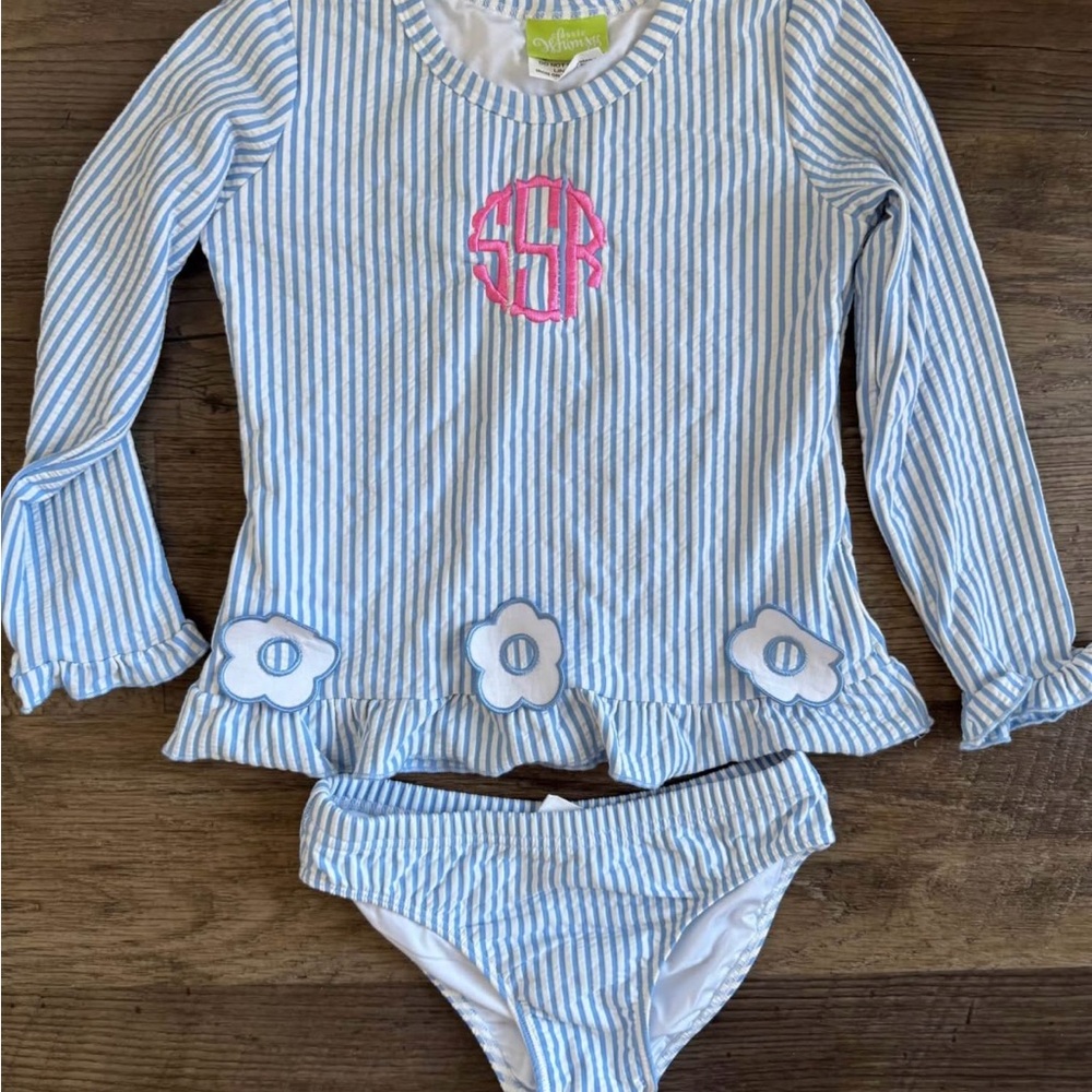 Classic Whimsy ~ Daisy Blue Stripe Seersucker Rash Guard